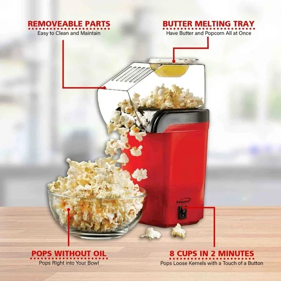 BRENTWOOD PC-486R 8-CUP HOT AIR POPCORN MAKER, RED - Picture 6 of 13